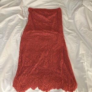 Burnt orange/ coral lace strapless dress